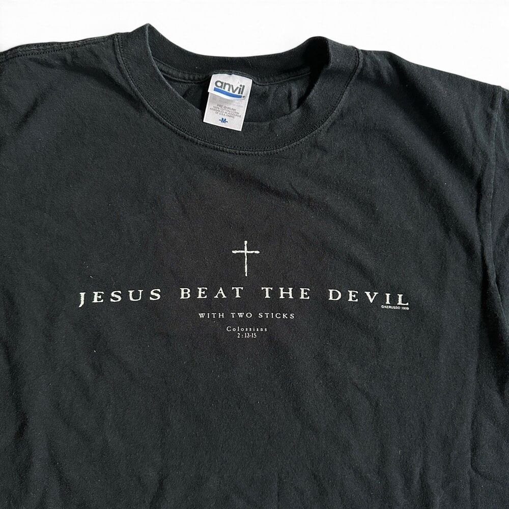 Vintage 90's Jesus T Shirt Jesus Beat The Devil With Two Sticks XL Black Fade